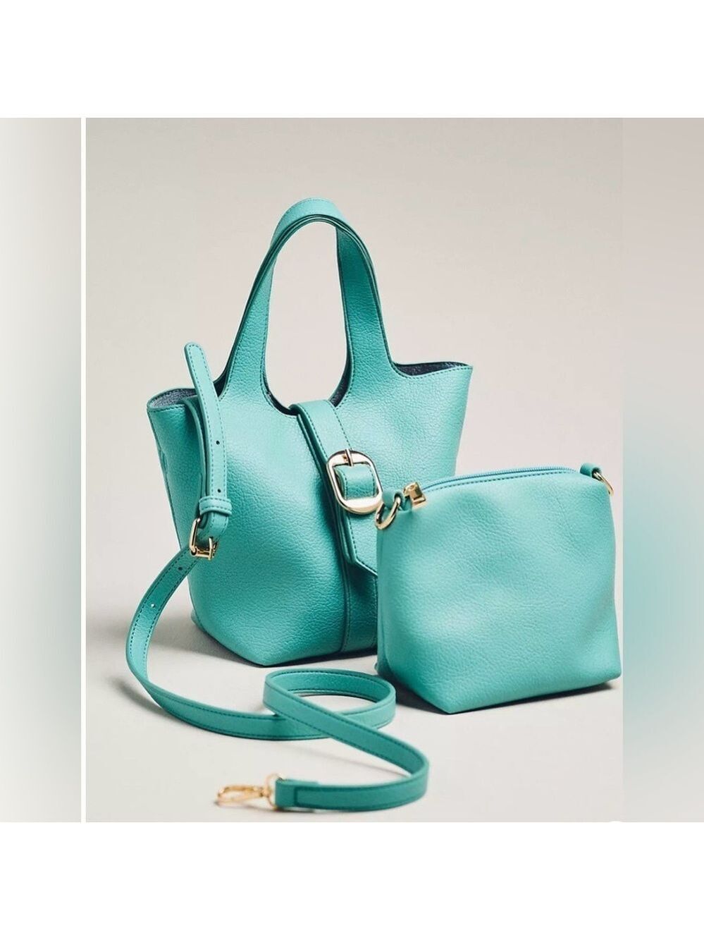 Anthropologie Pebbled Mini Bucket Bag Green - Picture 2 of 5